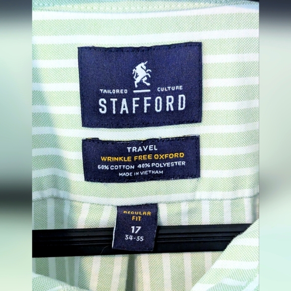 Stafford men's dress shirt wrinkle-free light green and cream stripes size 17 - Picture 1 of 6